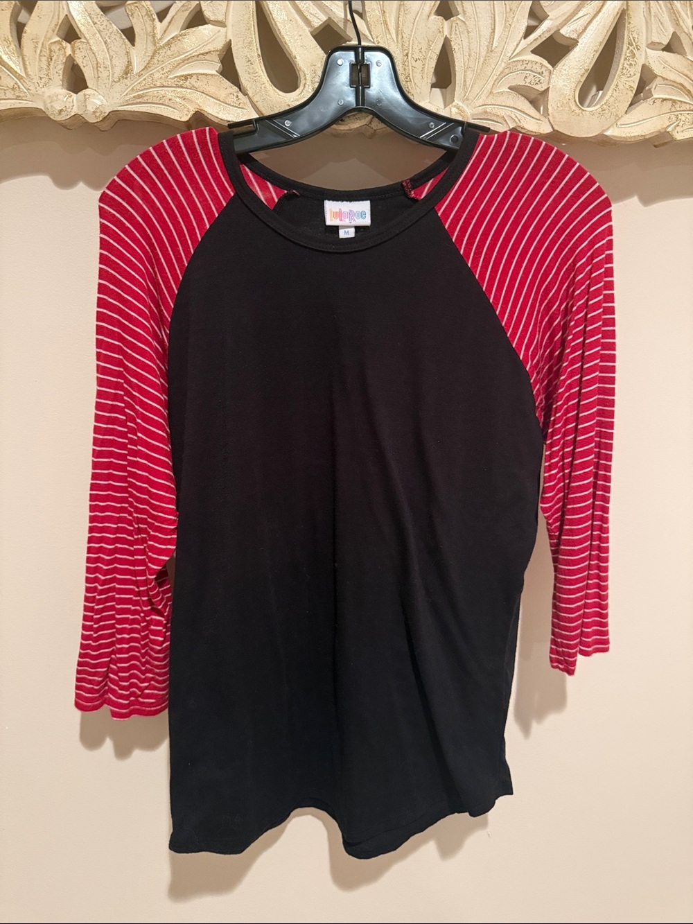 LuLaRoe Black Body with Red & White Striped Raglan Sleeves Top